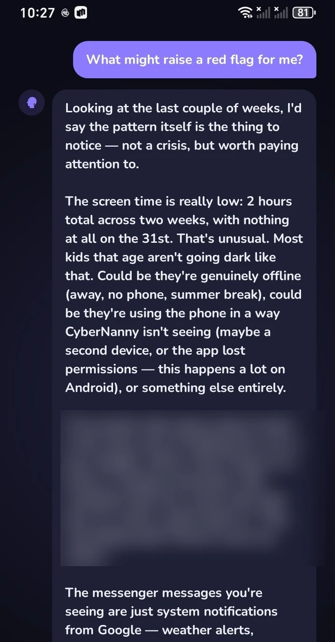 AI parenting advisor in the CyberNanny dashboard
